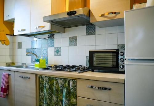 a kitchen with a stove and a microwave at Da zia Concetta, casa vacanze immersa nel verde in Colledara