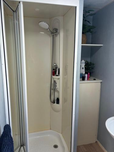 eine Dusche im Bad neben einem Waschbecken in der Unterkunft Tattershall Lakes Pet Friendly Hot Tub Breaks in Tattershall