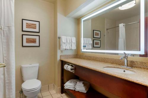 a bathroom with a sink and a toilet and a mirror at Comfort Inn & Suites in Jackson