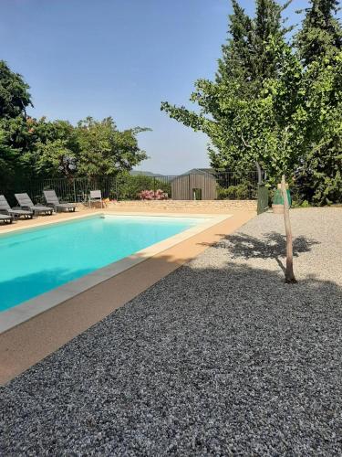 a swimming pool with a tree next to it at Le Ponant in Vaison-la-Romaine