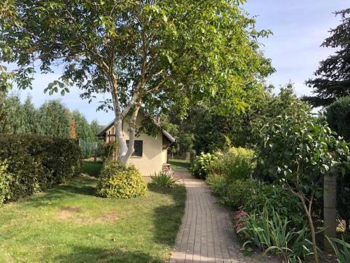 a walkway leading to a house in a yard at Freistehendes 4-Sterne Ferienhaus in der Uckermark in Haßleben