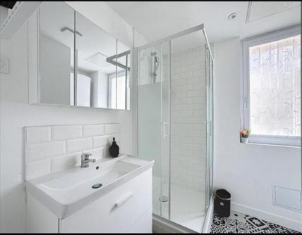 une salle de bain blanche avec un lavabo et une douche dans l'établissement Air-Conditioned Apart 10 Pers,40min Paris, Orly 20min, Disneyland 40min, à Saint-Pierre-du-Perray