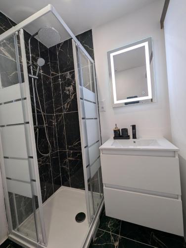 une salle de bain avec une douche, un lavabo et un miroir dans l'établissement Évasion Douceur, studio accueillant, près de Paris, à Villejuif
