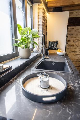 un comptoir de cuisine avec un évier et un évier dans l'établissement Le Ru De Biche - 20min Disney - SPA du 01 05 au 01 11 - paisible, à Guérard