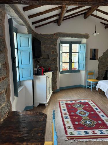 a kitchen with blue windows and a red rug at B&B su Ponte in Orgosolo