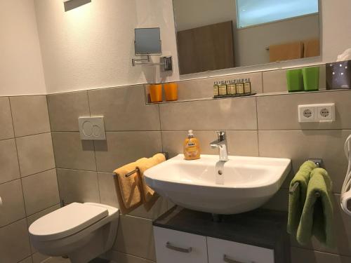 a bathroom with a sink and a toilet at Appartementhaus Angelika in Nittenau