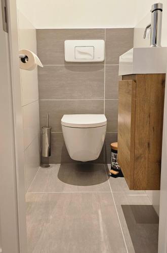 a bathroom with a toilet and a sink at Lace Apartments Stilvoll in der Spitzenstadt Plauen in Plauen