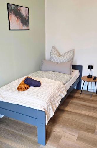 a bed with a blue frame in a room at Lace Apartments Stilvoll in der Spitzenstadt Plauen in Plauen