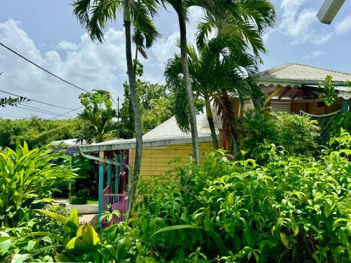a small yellow house with palm trees and bushes at Alpinia bungalow in Sainte-Anne