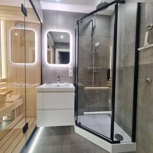 a bathroom with a shower and a sink at Central Park Green Apartament in Wrocław