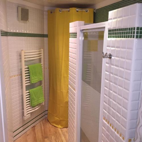 une salle de bain avec douche et porte vitrée dans l'établissement Calme et terrasse arborée en centre ville, à Boulogne-sur-Mer