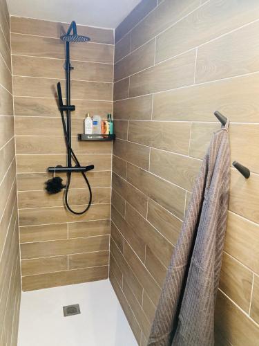 une salle de bain avec une douche avec un rideau de douche dans l'établissement Duplex en altitude, appartement au calme, aux Angles