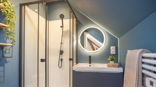 une salle de bain avec une douche, un lavabo et un miroir dans l'établissement Studio Danton - Sainte-Savine - 2 pers, à Sainte-Savine
