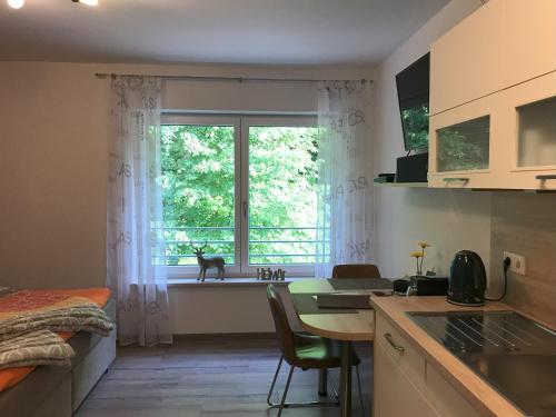 a kitchen with a window with a cat sitting on a window sill at Appartementhaus Angelika in Nittenau