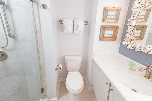 ポーリーズ・アイランドにあるCozy Coastal Escape 3BR 3BA Lakefront Tranquilityのトイレ、シャワー、洗面台を備えたバスルーム