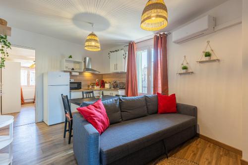un salon avec un canapé et une cuisine dans l'établissement T3 Aqui es Besièrs - Centre-Historique - Cathédrale & Halles - Clim - Wifi - Free parking sur demande, à Béziers