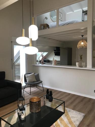 un salon avec un canapé et une table dans l'établissement Duplex LOUIS, à Horbourg-Wihr