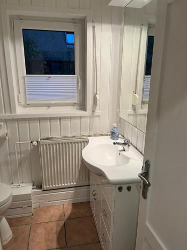 a white bathroom with a sink and a window at FeWo Wald & Düne in Karlshagen