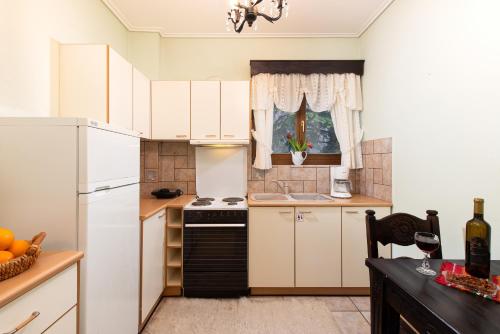 a kitchen with white cabinets and a white refrigerator at Amygdalies Apartments with Fireplace in Karpenision