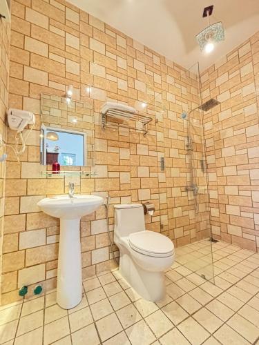 a bathroom with a toilet and a sink and a shower at Red House Homestay - Villa in Hoi An
