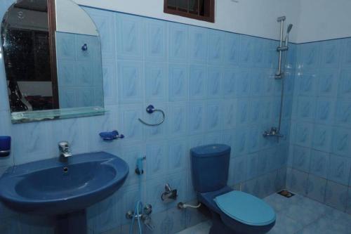 ein Badezimmer mit einem blauen WC und einem Waschbecken in der Unterkunft Kildare Cottage in Nuwara Eliya
