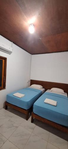 two twin beds in a room with a ceiling at Arthur Homestay Telescope Mentawai in Tuapejat