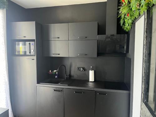 a kitchen with white cabinets and a counter top at BelleRive Love Room in Publier