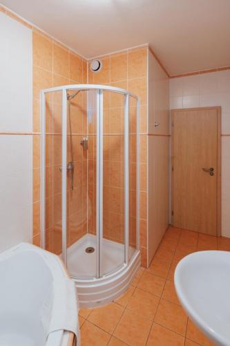a bathroom with a shower with a glass door at Penzion Bene in Chotěboř