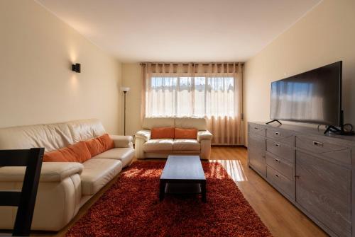 a living room with a couch and a flat screen tv at Maia's Cozy Apartment in Águas Santas