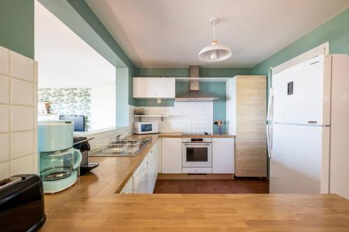 a kitchen with green walls and a white refrigerator at Villa Tramontane vue panoramique PYLA SUR MER in La Teste-de-Buch