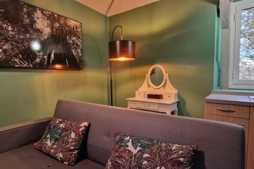 a living room with a couch and a mirror at Charmant appartement au calme, proche centre in Aire-sur-lʼAdour