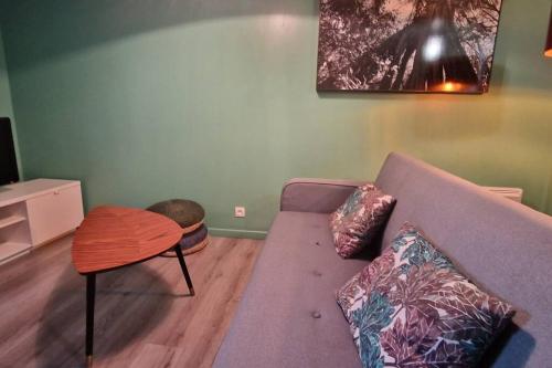 a living room with a couch and a table at Charmant appartement au calme, proche centre in Aire-sur-lʼAdour