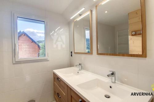 Un baño con lavabo, espejo y ventana. en Lona Spa, en Chambon-sur-Lac