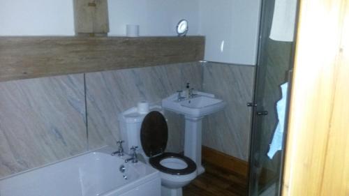 a bathroom with a toilet and a sink at Peers Clough Farm Cottage in Rossendale