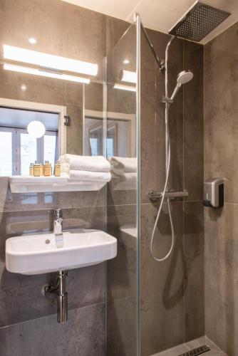 a bathroom with a sink and a shower at Hôtel de Roubaix in Paris