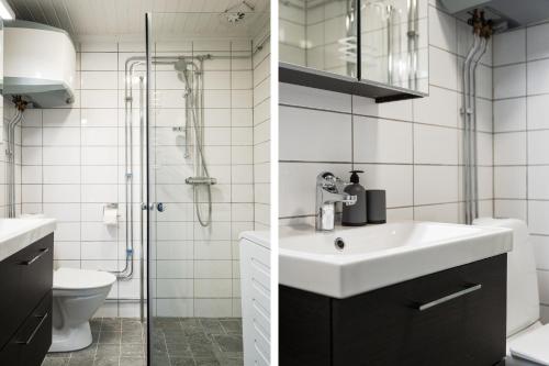 a bathroom with a sink and a shower at Guestly Homes - 1BR Countryside Cabin with Sauna in Piteå