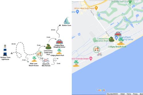 a map of the park and a map of the attractions at Turtle View Villa in Hilton Head Island