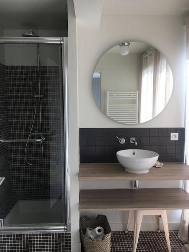 une salle de bain avec un lavabo et une douche avec un miroir dans l'établissement Villa Roche Mignonne, à Trébeurden