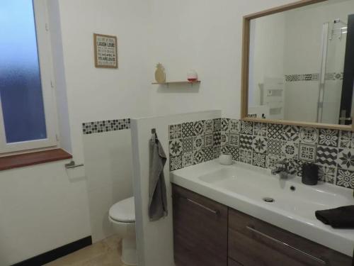 une salle de bain avec un lavabo et un miroir et des toilettes dans l'établissement Maison charmante à Saint-Pierre-de-Clairac avec piscine privée, à Saint-Pierre-de-Clairac