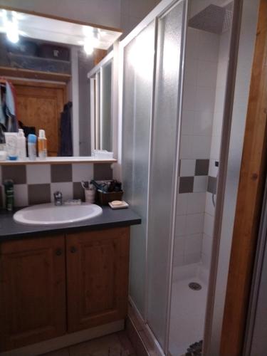 une salle de bain avec un lavabo et une douche dans l'établissement Appartement montagne, à Vars