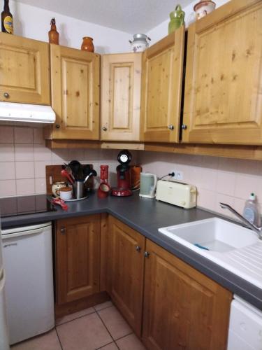 une cuisine avec des armoires en bois et un évier dans l'établissement Appartement montagne, à Vars