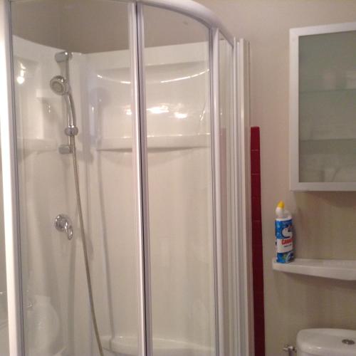 une douche avec une porte vitrée dans une salle de bain dans l'établissement Le Trebens centre ville à 150m du télécabine, à Font-Romeu