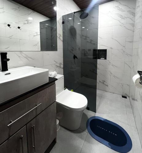 a bathroom with a toilet and a sink and a shower at Mevak Apartments Suites in Fortuna