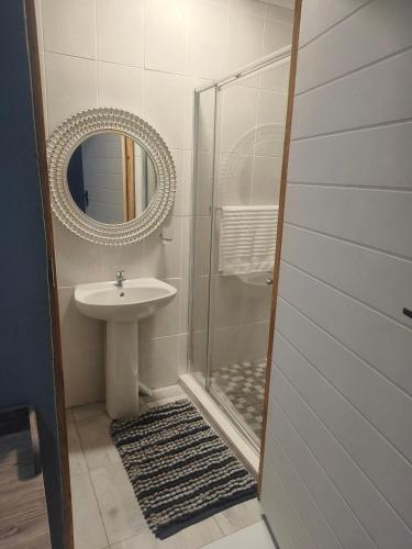 a bathroom with a shower and a sink and a mirror at Kwena Guesthouse in Groblersdal