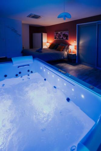 a large bath tub in a room with a bed at AppartSpa59 - Suite Tentation - Balnéo, Sauna - Secret Room en option supplémentaire in Valenciennes