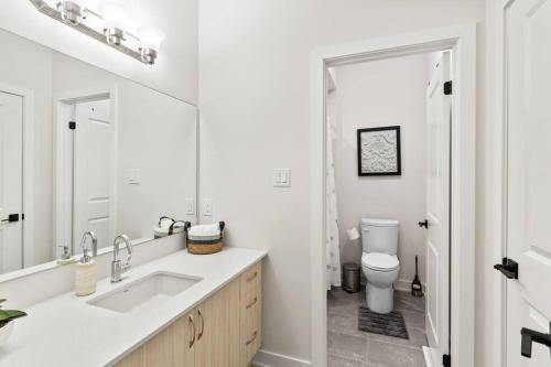 a white bathroom with a sink and a toilet at Celestial Cottage with HotTub, Cold Plunge,Games in Dwight