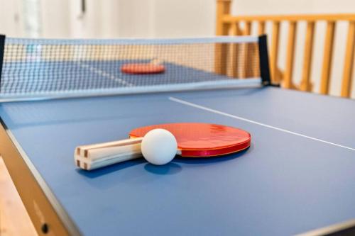 a ping pong paddle and ball on a blue table at Celestial Cottage with HotTub, Cold Plunge,Games in Dwight