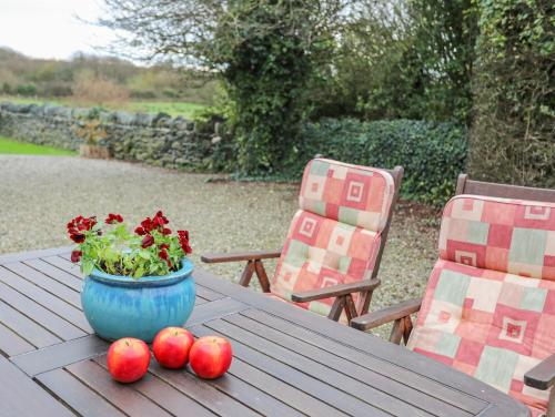 a table with apples and a pot of flowers on it at Y Beudy in Valley