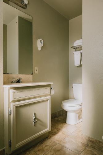 a bathroom with a toilet and a sink and a mirror at La Hacienda Motel in Seattle