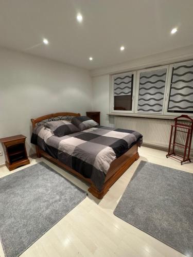 1 dormitorio con 1 cama grande y 2 alfombras en Appartement cosy, en Wolfisheim